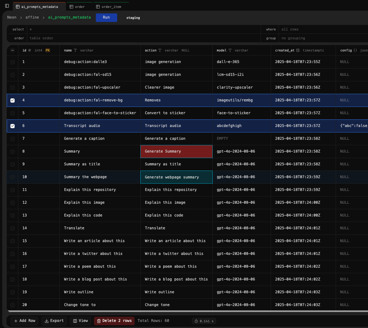 DBMX table view with two rows selected for deletion and two edited cells highlighted